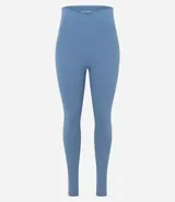 Legging deportiva de microfibra color azul, con cintura alta de diseño cruzado en forma de V y ajuste ceñido al cuerpo.
