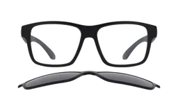 Anteojos de acetato negros con lentes transparentes y clip-on polarizado.