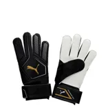 Guantes de arquero Puma King 4, con dorso negro y palma de látex blanca. Presentan el logo de la marca en dorado en el dorso y en blanco en la muñequera, con cierre de velcro ajustable.