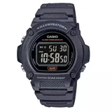 Reloj Casio digital deportivo, color negro, con caja y malla de resina. Presenta una esfera digital de alto contraste con luz LED, cronómetro, alarma diaria y calendario automático. Indica resistencia al agua de 50 metros.