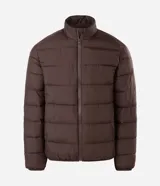 Campera puffer Marfinno de microfibra color marrón, con cuello alto, cierre frontal de cremallera y diseño acolchado horizontal.