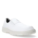 Zapato de seguridad tipo slip-on color blanco, con diseño ergonómico, suela antideslizante y forro interior con patrón de cuadros.