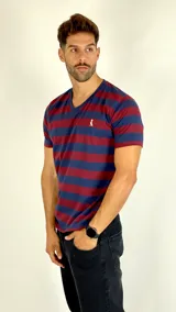 Remera de cuello en V con diseño de rayas horizontales en color bordó y azul marino. Presenta un pequeño logo bordado en el pecho.