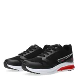 Championes deportivos negros con detalles en blanco y rojo, suela blanca y roja, y cordones negros.