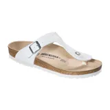Sandalia Birkenstock modelo Gizeh Birko-Flor, color blanco, con tira de dedo y hebilla ajustable. La plantilla es de corcho y la suela de EVA.