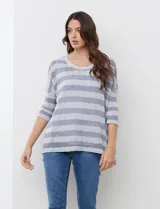 Buzo de tejido calado con diseño de rayas horizontales en tonos gris y blanco, cuello redondo y mangas tres cuartos. Incluye musculosa interna básica a tono.