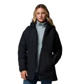 Chaqueta impermeable negra con capucha, cierre frontal con cremallera y solapa de botones, bolsillos laterales y ajuste elástico en la cintura.