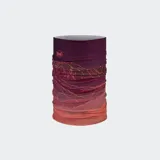 Bufanda tubular multifuncional Buff, confeccionada en tejido elástico con protección solar UPF 50. Presenta un diseño estampado con degradado de tonos rojizos y violetas que simula un paisaje montañoso.