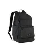 Mochila Puma de color negro, con compartimento principal con cierre, bolsillo frontal con textura y logo de la marca en una etiqueta rectangular. Cuenta con correas ajustables y acolchadas.