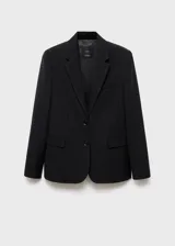 Chaqueta de traje con estampado de raya diplomática, cuello con solapas de muesca y cierre frontal de dos botones. Presenta diseño recto, manga larga con puños abotonados, bolsillo de ribete en el pecho y dos bolsillos de solapa frontales.
