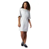 Vestido New Balance color gris melange, corte holgado, largo a la rodilla, con cuello redondo, mangas cortas y cintura ajustable con cordón.