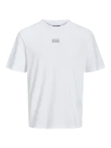 Camiseta blanca de manga corta con cuello redondo y logo de la marca estampado en el pecho.