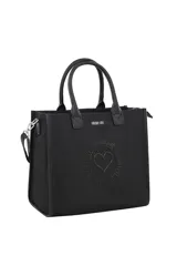 Cartera tipo tote de cuero sintético marrón, con doble asa de mano, correa ajustable y desmontable, y detalles de estampado en relieve con forma de corazón y la inscripción "Oreiro Love".