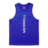 Musculosa deportiva Merrell de secado rápido, color azul con logo estampado vertical en color blanco en el frente. Cuenta con cuello redondo y diseño sin mangas para mayor ventilación.