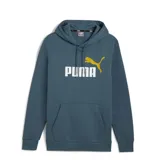Canguro azul con capucha y cordones ajustables, bolsillo tipo canguro y logo Puma estampado en blanco y amarillo en el pecho.