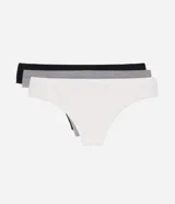 Kit de tres bombachas tipo bikini Lov, confeccionadas en poliamida con tecnología seamless y textura en relieve. Incluye una prenda blanca, una gris melange y una negra, todas de tiro medio y sin costuras visibles.