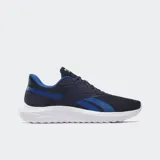 Championes Reebok para hombre, color azul marino con detalles en azul más claro en los laterales y lengüeta. Tienen una entresuela blanca gruesa y suela con relieve.