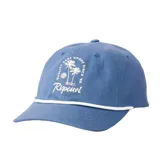 Gorra Rip Curl de visera curva color azul, con diseño bordado en el frente que incluye palmeras y texto de la marca. Cuenta con un cordón blanco decorativo en la base de la corona.