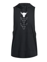 Musculosa con capucha Project Rock color negro, con diseño sin mangas, bolsillo tipo canguro delantero y estampa gráfica vertical de toros en el pecho.