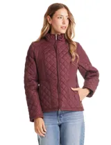 Campera capitoneada azul marino con diseño de rombos y paneles laterales elásticos para un ajuste entallado. Presenta cuello alto, cierre frontal completo y bolsillos laterales con cierre.