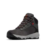 Bota de trekking Columbia modelo Newton Ridge, color gris oscuro con detalles en negro y cordones con toques naranjas. Presenta empeine de ante impermeable, herrajes metálicos y suela de caucho de alta tracción.