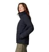 Campera acolchada de mujer con tecnología térmica, cierre frontal completo, cuello alto y puños con orificios para pulgares. Presenta un diseño de costuras horizontales y diagonales, con logo de la marca en el pecho.