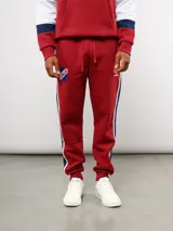Pantalon de jogging Umbro del Club Nacional de Football, color bordó con franjas laterales en azul y blanco. Cuenta con cintura elástica con cordón ajustable, puños en los tobillos y el escudo del club bordado en el muslo derecho.