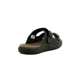 Sandalias negras de hombre con doble tira ajustable con hebilla y suela marrón.