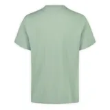 Remera de manga corta color verde menta, con cuello redondo y bolsillo frontal en el pecho. Presenta un diseño de corte holgado y tejido de punto suave.