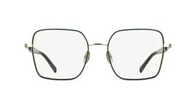 Lentes de receta Longchamp con armazón cuadrado de metal en color verde oscuro y detalles dorados en el puente y las varillas.