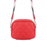 Bandolera roja de cuero sintético con diseño acolchado de rombos. Tiene correa larga de algodón regulable e intercambiable y cierre superior.