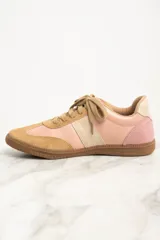 Zapatillas deportivas Lemon de cuero y gamuza color rosa, con cordones y suela de goma marrón.