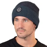 Gorro de lana tejido con doblez, color azul con etiqueta de goma con el logo de la marca.