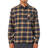 Camisa de franela a cuadros color mostaza, azul y negro, de manga larga, con cuello abotonado y bolsillo en el pecho. Corte clásico.