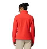 Campera de polar Columbia modelo Fast Trek II, color rojo, con cuello alto, cierre frontal completo y bolsillos laterales con cremallera. Incluye un bolsillo adicional con cierre en la manga izquierda y logo de la marca bordado en el pecho.