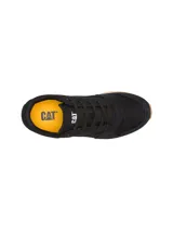 Championes Caterpillar modelo Ventura para mujer, de color negro con suela de goma caramelo y entresuela blanca. Confeccionados con capellada de gamuza y lona, cordones negros y el logo de la marca impreso en el lateral y la lengüeta.