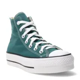 Championes de caña alta Converse modelo Chuck Taylor Lift, color verde oliva, con suela de plataforma blanca y cordones blancos. Presenta puntera de goma y diseño clásico de lona.