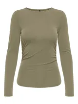 Top de manga larga color gris oscuro, con cuello redondo y diseño ajustado con fruncidos laterales en el cuerpo.