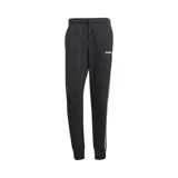 Pantalón de jogging Adidas modelo Essentials, color negro con las icónicas tres bandas blancas laterales. Presenta cintura elástica con cordón ajustable, corte cónico y puños acanalados en los tobillos.
