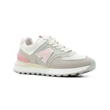 Championes urbanos American Sport modelo Mila 2.0, color gris con detalles en blanco y rosa, confeccionados en gamuza y malla, con logo "A" característico en los laterales y suela chunky.