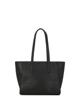 Cartera tipo tote de la marca Hush Puppies, color negro, con diseño estructurado, doble asa de hombro y logo de la marca grabado en la parte inferior frontal.