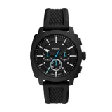 Reloj Fossil Machine para hombre, con caja redonda de acero inoxidable negro, esfera negra con detalles en azul y correa de silicona negra con textura.