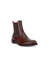 Botines estilo Chelsea para mujer, confeccionados en cuero liso color marrón oscuro, con inserciones elásticas laterales y tacón bajo.