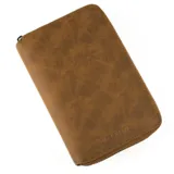 Billetera marrón con cierre de cremallera y logo Baleine grabado en la parte inferior.