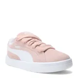Championes Puma modelo Park Life Style Easy, de corte bajo y diseño urbano. Presentan una capellada de gamuza en color rosado con cordones anchos al tono, franja lateral característica de la marca en color blanco y suela de goma blanca.