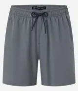 Bermuda de baño color beige, con cintura elástica y cordón de ajuste negro. Presenta un pequeño parche gomoso en el ruedo y bolsillos laterales.