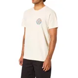 Remera de manga corta color blanco, con cuello redondo y estampa circular pequeña en el pecho con el logo de la marca.