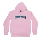 Canguro rosa con capucha y bolsillo delantero. Estampado frontal con el logo de Thrasher Magazine en letras azules con borde negro.