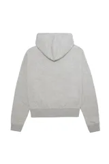 Buzo de algodón gris melange con capucha ajustable mediante cordones, cierre frontal de cremallera y puños y ruedo acanalados.