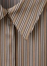 Camisa de poliéster con diseño a rayas en tonos tierra, cuello clásico y manga larga con puños anchos.